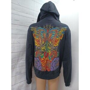 vtg Nesso Sports zip hoodie black graphic wings roses hearts Sz S